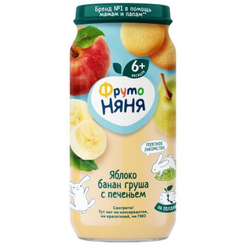 Пюре ФрутоНяня из яблок с бананом, грушей и печеньем, с 6 месяцев, 250г