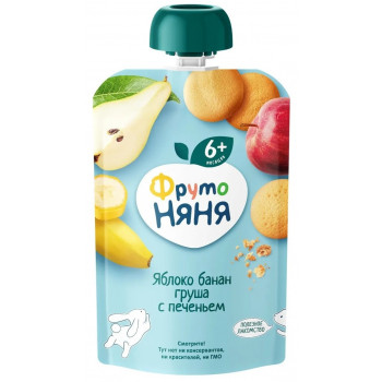 Пюре ФрутоНяня из яблок, бананов и груш с печеньем, с 6 месяцев, 90г
